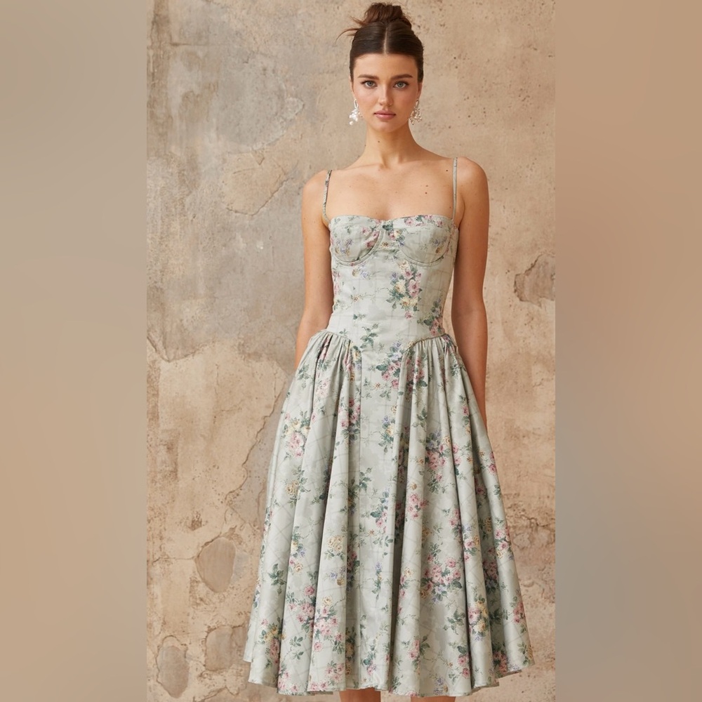 Sage Green Floral Shirred Midi Dress